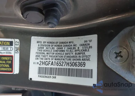 2007 Honda Civic Lx z USA, uszkodzony, nr VIN 2HGFA16527H506369